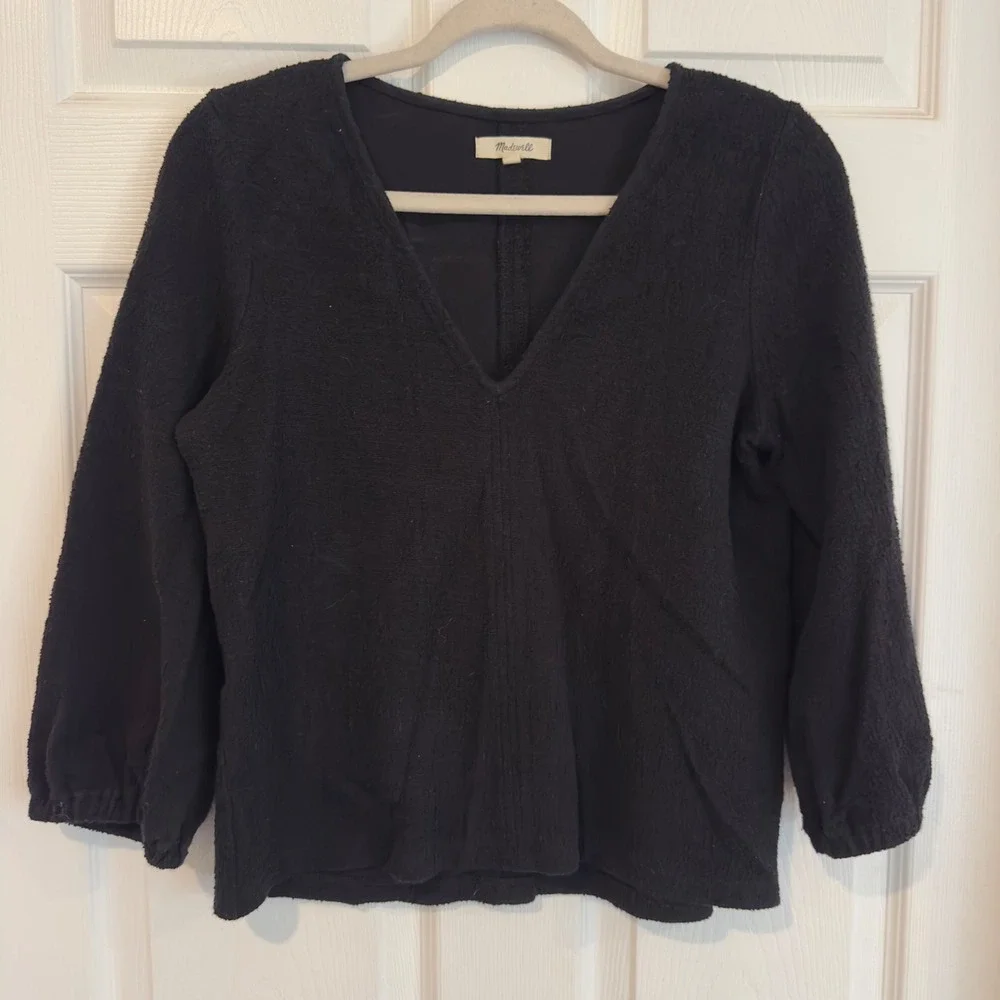 Madewell Womens Black Textured Cotton V-Neck 3/4 Sleeve Top Small CKP453300000